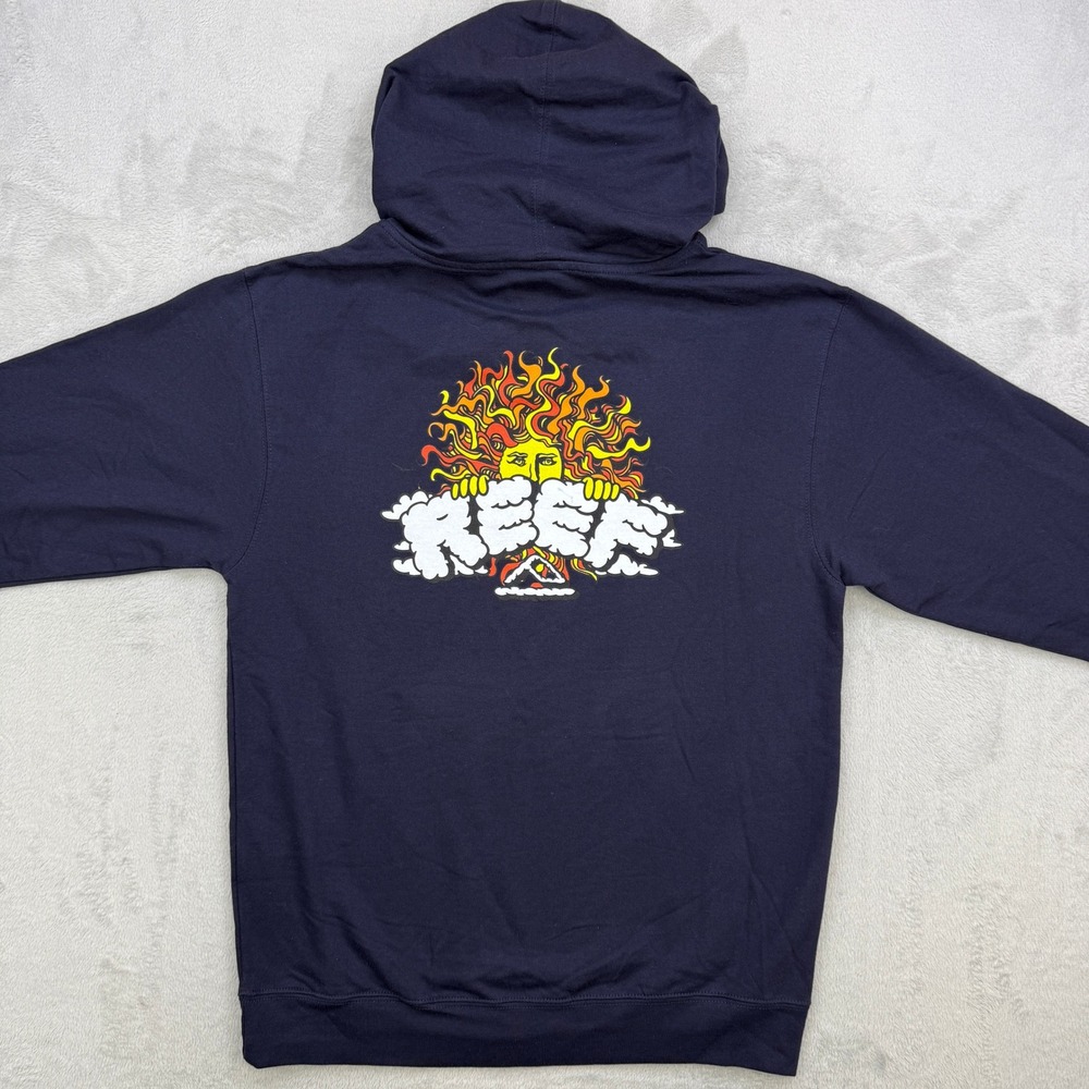 Reef Graphic Hoodie Mens Size M Navy Blue Sun Cloud Back Print Surf Skater Y2K